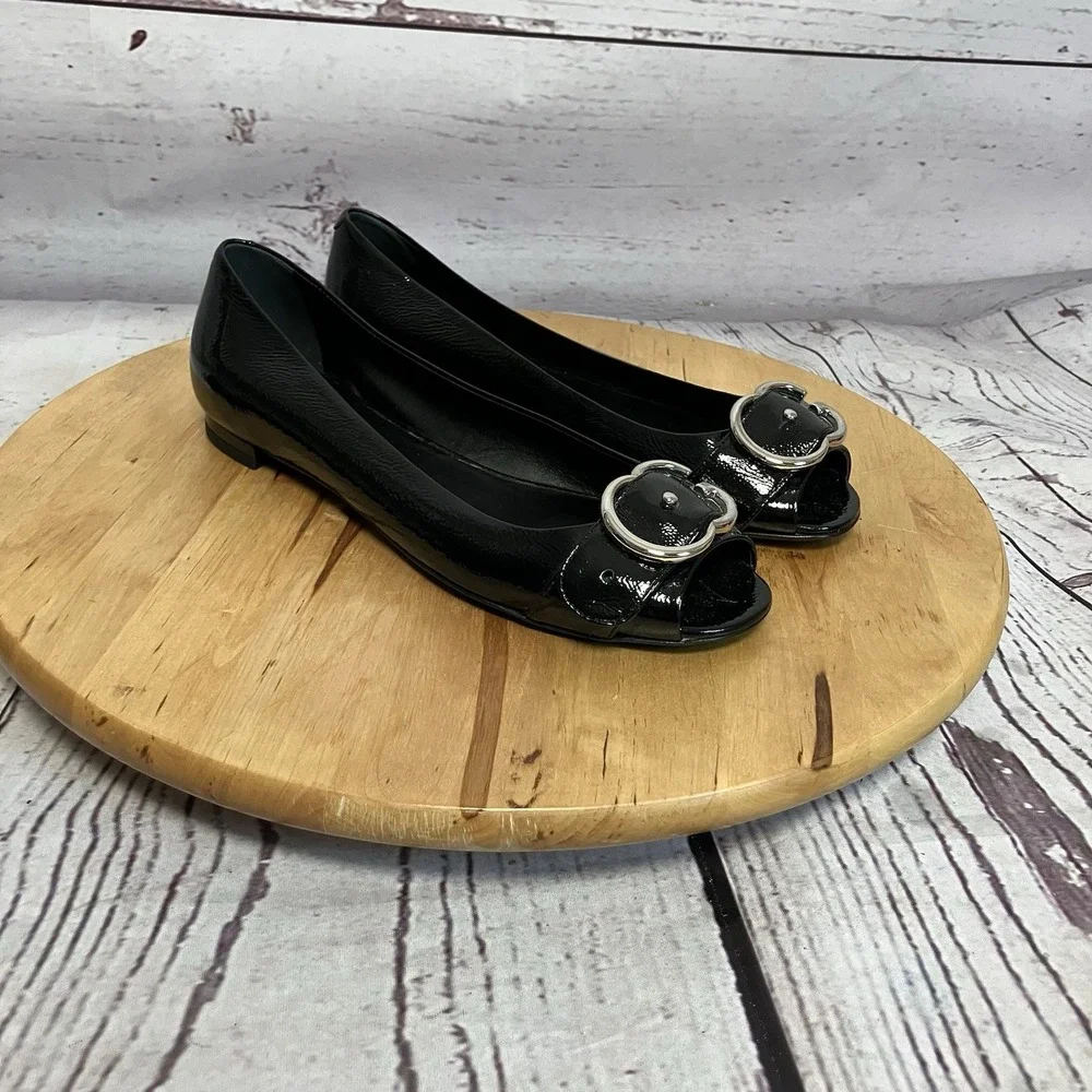 Gucci Ballet‎ Flats Womens Size 37EU 7US Black Leather Buckle Peep Toe
